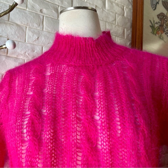 NWT Anthropologie Pink Fuzzy Mohair Blend Open Weave Knit Short Sleeve Sweater - Picture 5 of 13